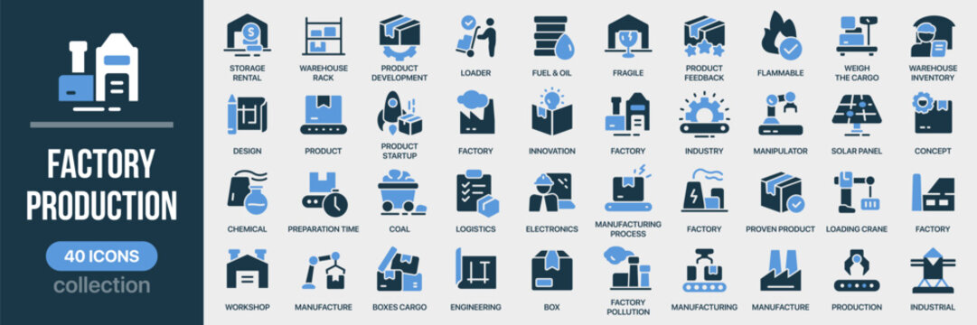 Factory and production fill icon collection. Includes manufacturing, logistics, equipment, quality control. Created in colored style with blue palette