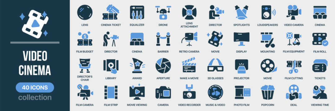 Video and cinema fill icon collection. Includes camera, directing, screening, editing, and movie production symbols. Created in colored style with blue palette