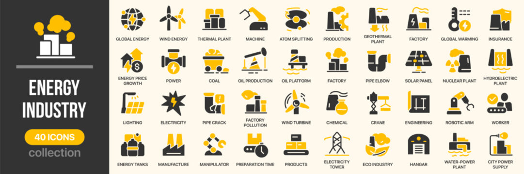 Energy and industry fill icon collection. Includes power generation, renewable sources, factories. Created in colored style with yellow palette