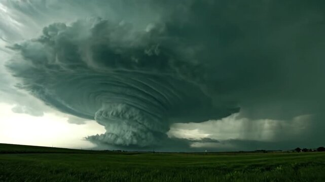 Dramatic Supercell Thunderstorm with Majestic Wall Cloud Illuminated by Sunlight