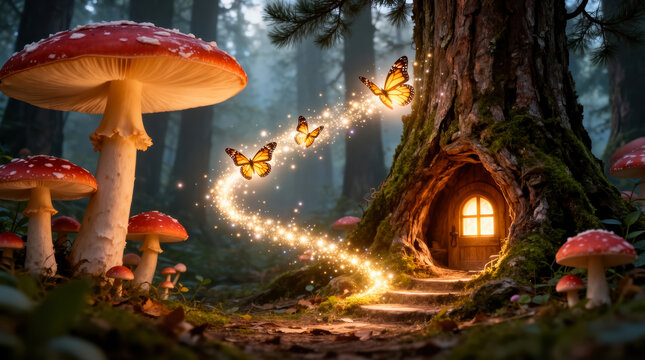 Enchanted forest portal glowing moss path leads to tree-hollow house beside red spotted mushrooms and fluttering orange butterflies
