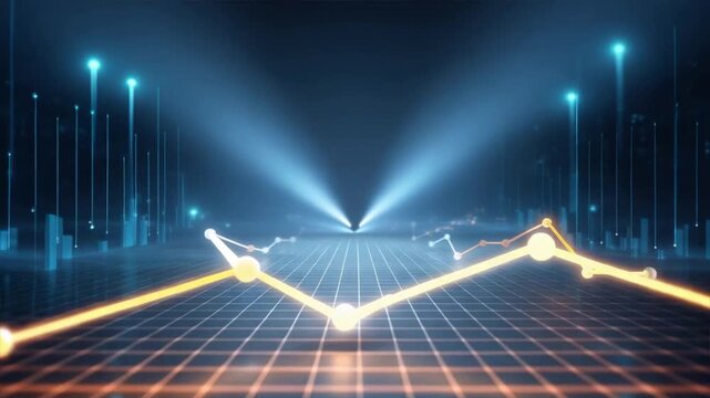 Futuristic digital graph showcasing data trends on a glowing grid background, representing innovation and analysis.