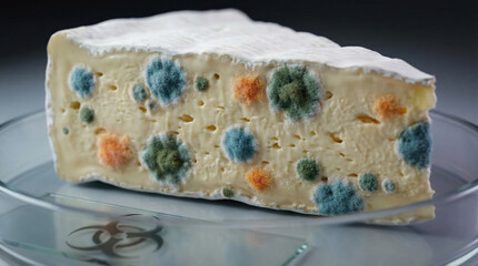 Moldy cheese with colorful bacteria colonies showing microscopic listeria contamination in science medical context highlighting food safety risk