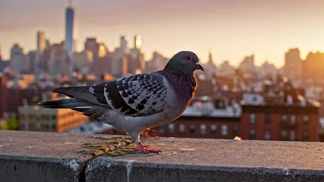 Pigeon on ledge with city sunset