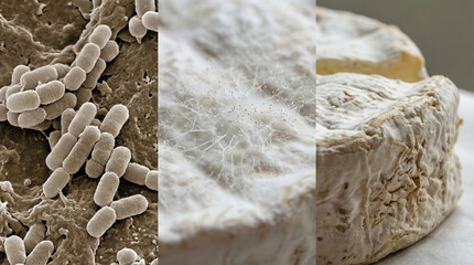 Microscopic view of listeria bacteria and close up of moldy cheese showing science and medical details in natural texture
