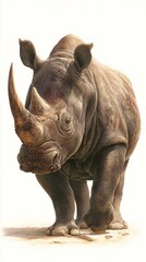 Obraz premium Majestic white rhinoceros standing with powerful stance, showcasing intricate skin texture and muscular build against minimalist background