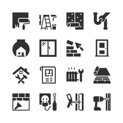 Home renovation and repair service, monochrome icons set. House and apartment repair work, construction tools, maintenance service, building improvement. Black and white symbols style.