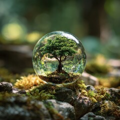 Miniature green tree growing inside a crystal orb on mossy rocks in a lush forest, environmental conservation and sustainability concept