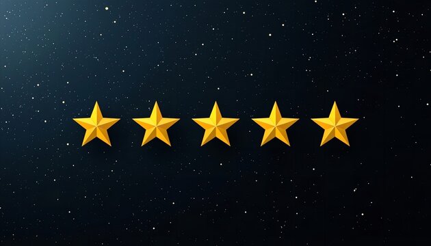 A row of five gold stars on a dark starry night background, symbolizing excellence and high quality rating