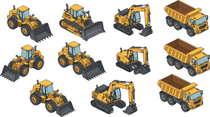 Isometric construction machinery set featuring excavators, wheel loaders, bulldozers and dump trucks, heavy equipment vehicles collection for industrial building and engineering projects isolated  © Shafik Creatives