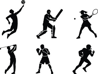 Golfer, Boxer, Volleyball, Cricket, Tennis and American Football Players Sports Silhouette Icons