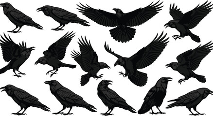 Fototapeta premium Large Collection of Detailed Black Raven and Crow Silhouettes Featuring Various Flying and Perched Poses Isolated on White Background for Gothic Nature and Halloween Designs