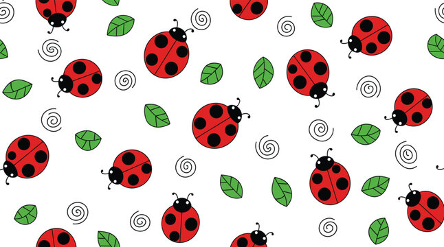 Seamless ladybug and leaf vector pattern with cute red beetles green foliage and whimsical swirls for springtime textiles or children's nursery decor