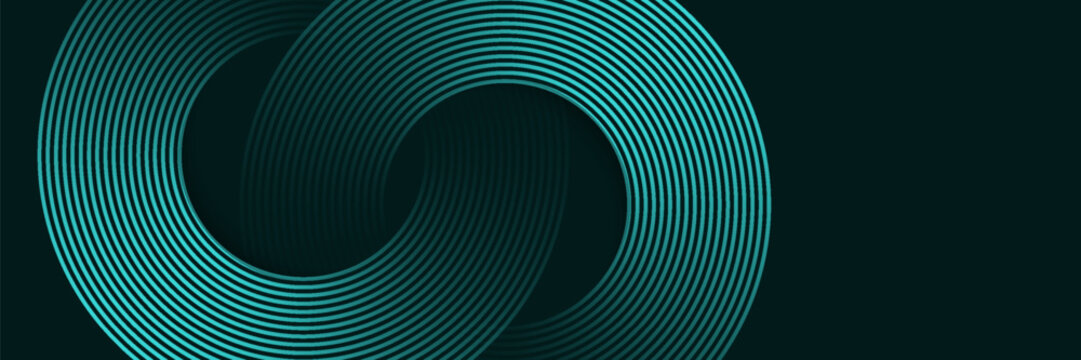 Abstract geometric lines glowing on a dark green background. Futuristic technology concept with modern sparkling green circular lines.