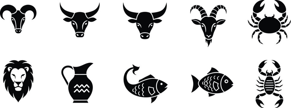 A set of black silhouette icons representing the various  signs for astrology