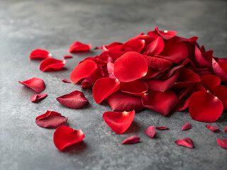 Pile of fresh red rose petals on gray background