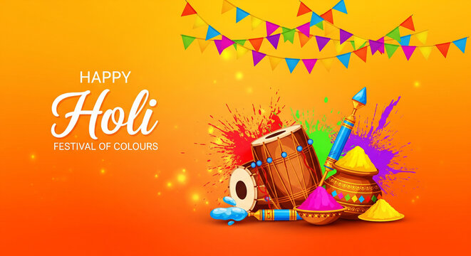 Happy Holi, poster, banner, template. Stylish text with holi elements. vector illustration design yellow background