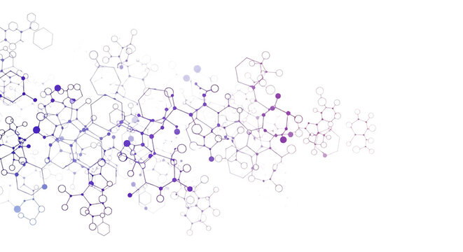 Molecular structure with purple and blue atoms on transparent background