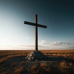 A large, rough wooden cross structure dominating a desolate landscape under a harsh light, representing profound historical sacrifice ,horizontal ,anguish ,belief