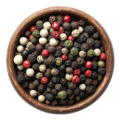 Overhead view of a rustic wooden bowl brimming with an assortment of multi-colored peppercorns