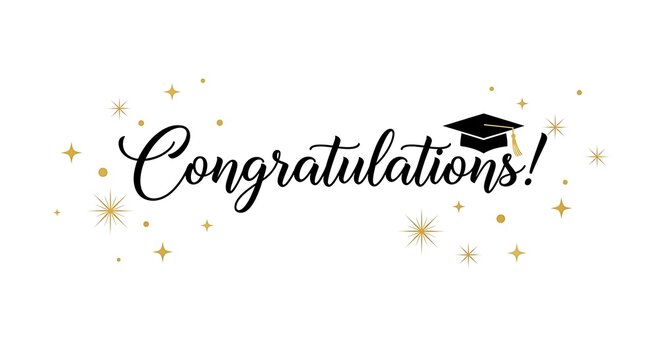 Congratulations text with a graduation cap, surrounded by golden stars and dots on a clean white background
