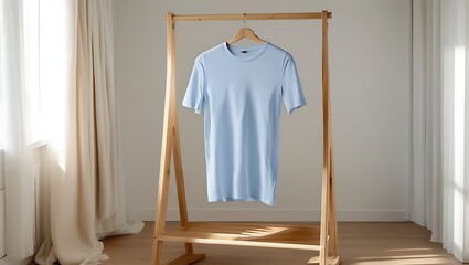 Light blue tshirt hanging on a wooden garment rack in a bright room