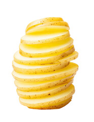 A vertical stack of raw, thinly sliced, light yellow potatoes with brown specks, dark background