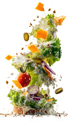 Fresh salad explosion lettuce, cheese, tomato, onion, dressing, pickles, crumbs, bun base