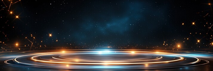 Fototapeta premium Futuristic Sci-Fi Stage with Neon Lights and Starry Sky Background