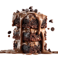 Three rich chocolate brownies stacked, dripping with creamy sauce and scattered chocolate chips
