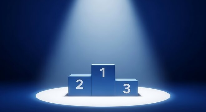 Minimalist blue podium featuring numbered blocks for first second and third place standing illuminated by a dramatic spotlight against a dark stage background
