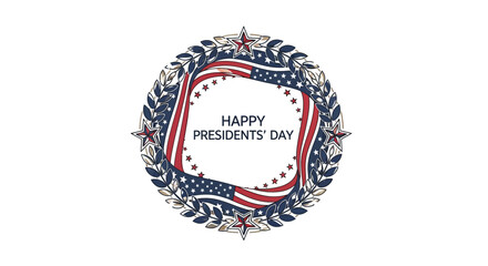 Illustration of a patriotic wreath with 'Happy Presidents' Day' text on a white background, featuring American flag colors and an eagle symbol, representing a presidential event or American © Budi