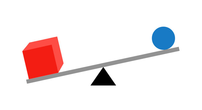 Weight Imbalance Concept: Red Cube and Blue Sphere on a Seesaw Lever | Visualization of Advantage, Comparison, and Risk Management