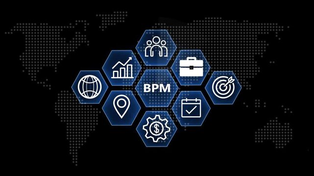 BPM Technology Concept, Modern Business Process Management System for Efficiency and Growth. Network concept on world background. 4k video