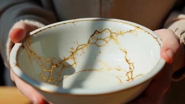 White porcelain bowl with kintsugi method in Female hands. Antique pottery restored with gold cracks. Traditional Japanese gold fixing method. Wabi sabi concept. Sunlights.