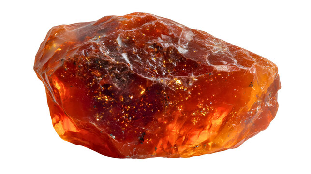 Rough Sunstone crystal chunk isolated on white, deep orange feldspar mineral, stone of leadership, vitality energy, raw geology specimen.