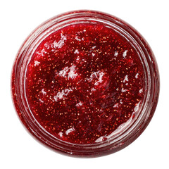 Top-down view of a clear glass jar filled with glistening, textured red fruit preserve