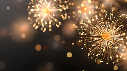 Fototapeta premium Vibrant golden abstract firework explosions with radiant light trails and soft out of focus bokeh circles on a dark atmospheric background evoking joy and wonder