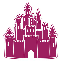 Fototapeta premium Illustrated purple castle with multiple towers and turrets isolated on a transparent background