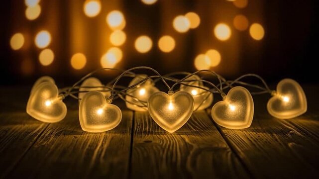 Golden Heart Fairy Lights on Wooden Table Romantic Background