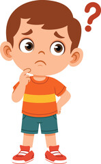 Obraz premium Flat vector illustration of a boy character with a confused facial expression. Suitable for emotion visuals, children education, problem solving themes, social emotional learning, stickers, posters.