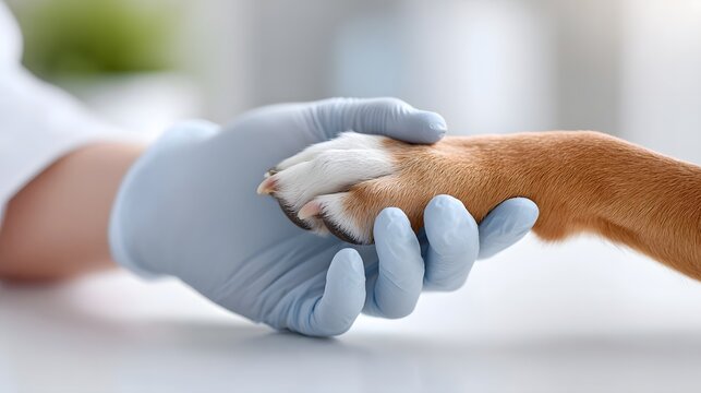 Close up of a gloved hand of a veterinarian tenderly holding a brown and white dog s paw conveying compassion medical expertise and the bond between humans and pets in a clinic setting