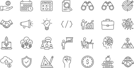 Multimedia and video line icons set, including camera, film reel, player, audio, and digital media symbols for creative web design.