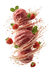 Three vibrant strawberry ice cream scoops with fresh berries, mint, and creamy pink swirls