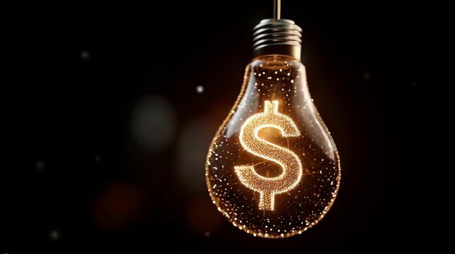 A glowing lightbulb containing a pixelated dollar sign inside, floating in dark space, simple 3D render,