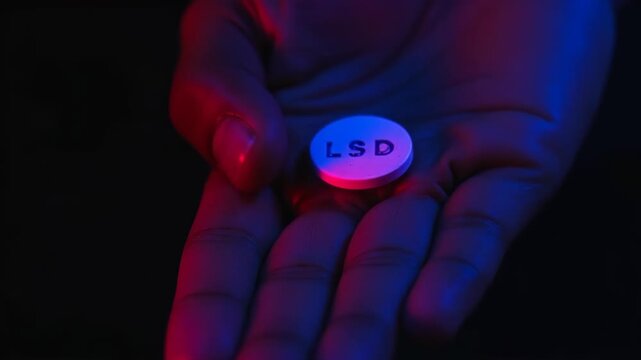 ecstasy pill drug on male hand in a nightclub. An LSD tablet in the hand of a drug dealer 
