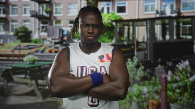 Man arms crossed wearing usa basketball jersey and blue wristband, flag patch visible, standing in an urban street cafe with benches and planters; defiance.