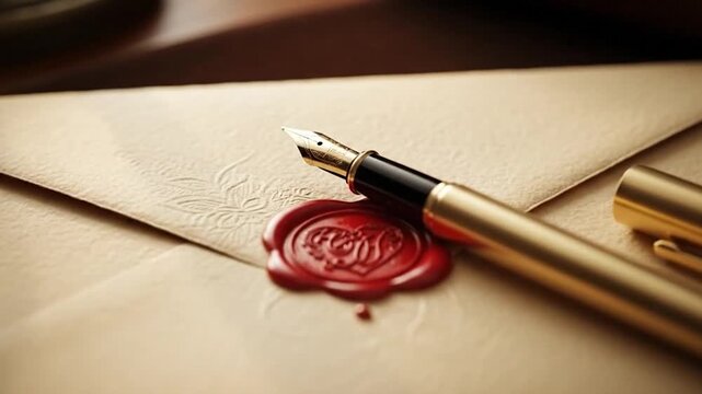 Love Letter with Red Wax Seal and Fountain Pen Close Up
