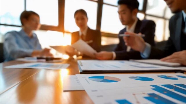 Group of professionals analyzing financial reports in a modern office, focusing on graphs and statistics.