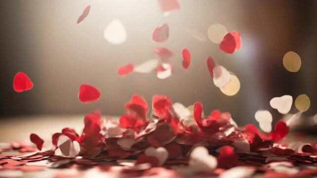 Floating Red Hearts and Petals Romantic Bokeh Background
